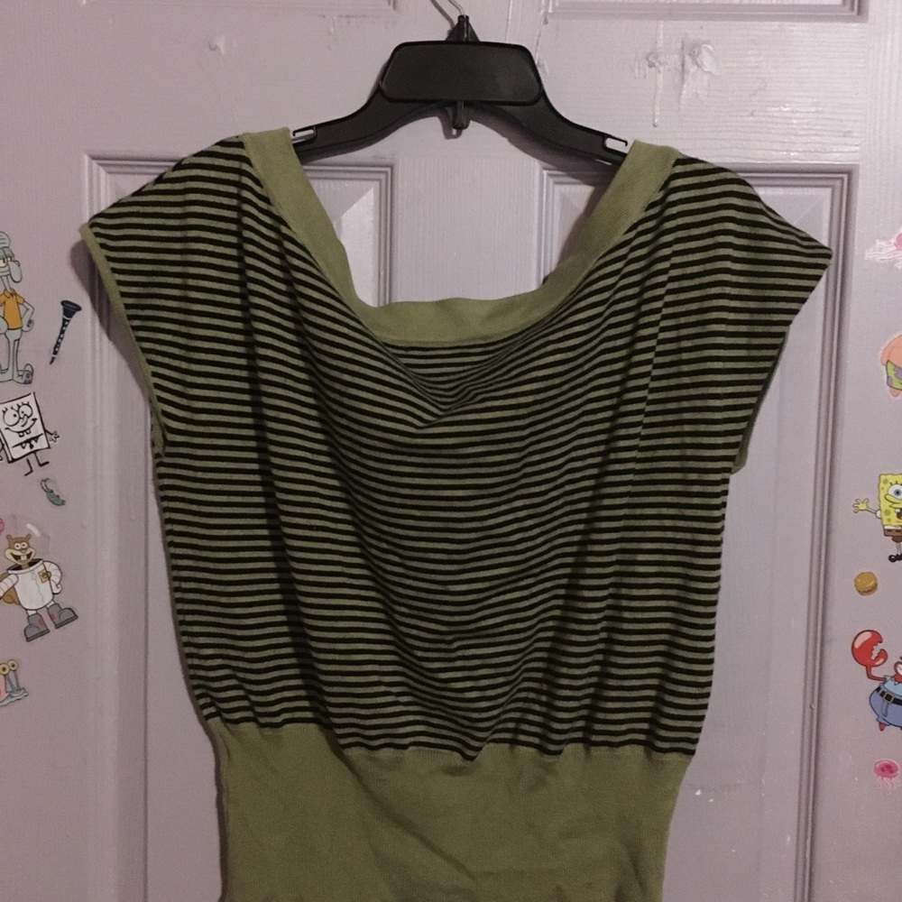 Forever 21 Women’s Green and Black Striped Boatneck Top